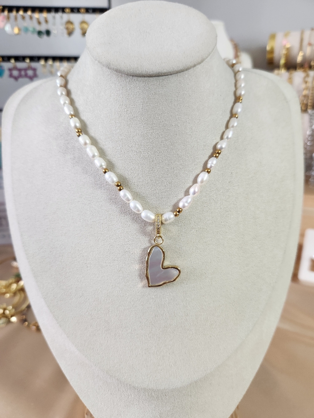 Freshwater Pearl And Mother Of Pearl Heart Necklace